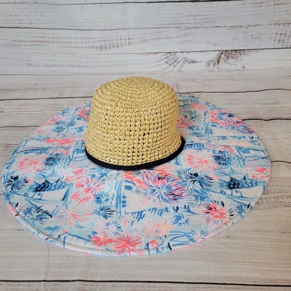 NWT Lilly Pulitzer Straw/Fabric Floppy Beach Hat Crew Blue Sea To Shining Sea OS
